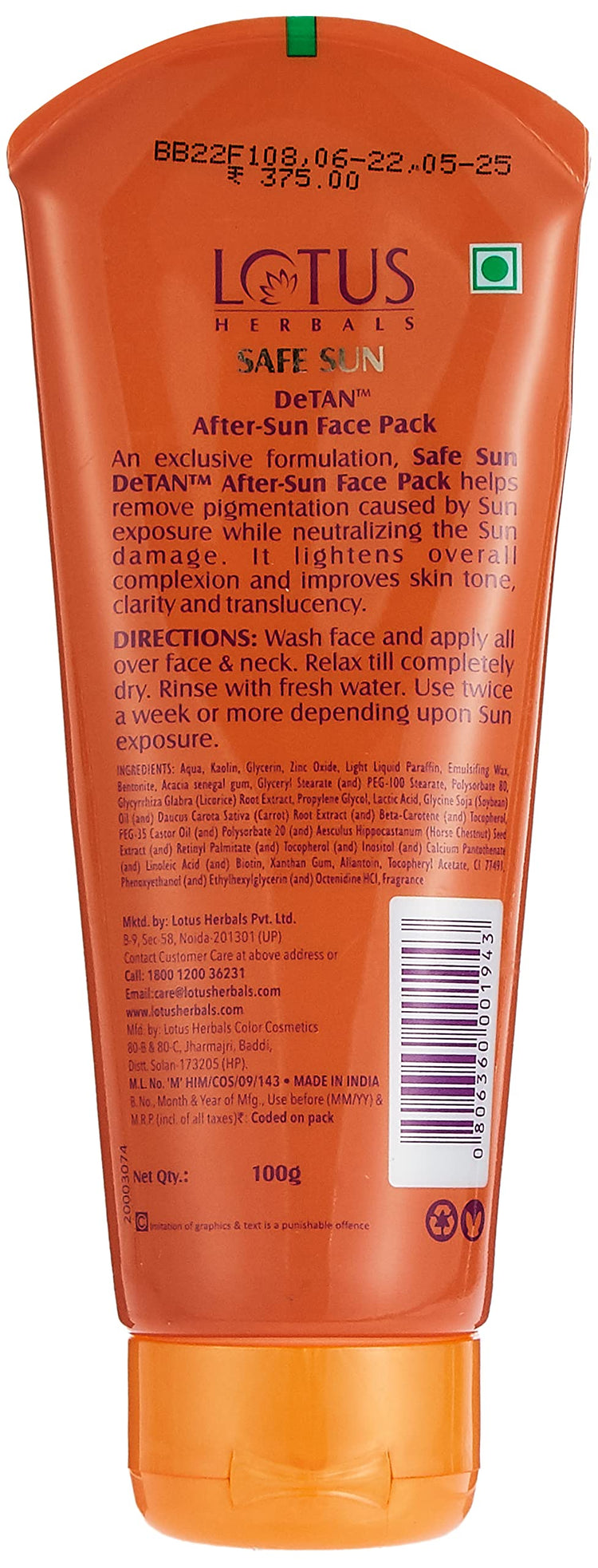 Lotus Safe Sun DeTan After-Sun Face Pack| Horse chestnut extracts| reduces Sun Tan, Brightens Skin| All skin types| 100g