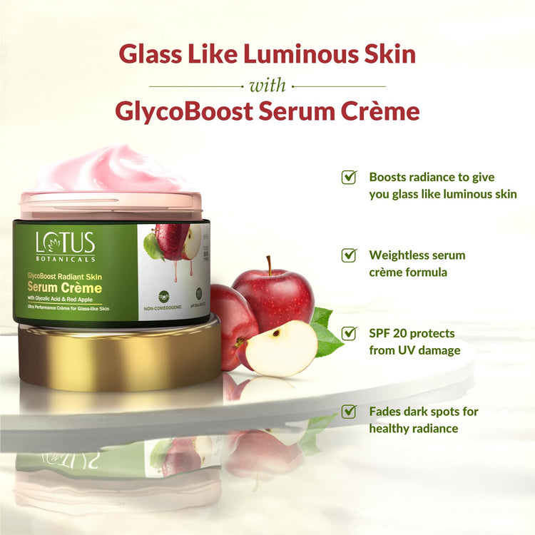 Lotus Botanicals GlycoBoost Radiant Skin Serum Crème with Red Apple & Glycolic Acid | For Glass Like Skin, Clear and Flawless Skin | Luminous Complexion | SPF 20 for Sun Protection | No Preservatives, No Toxic Chemicals | No Sulphates | No Silicones | Sui