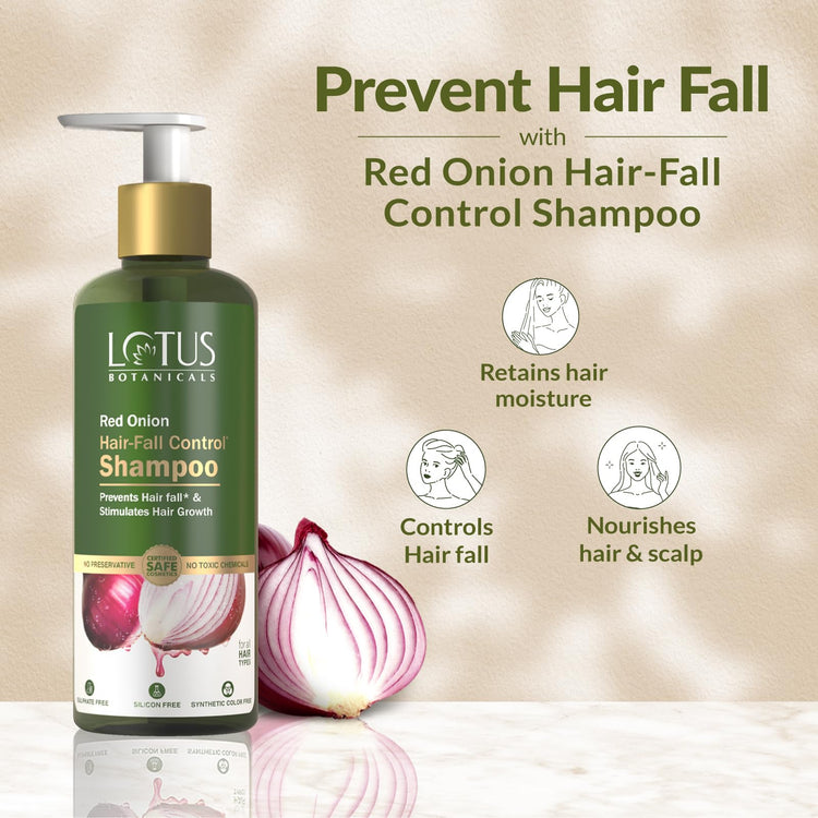 Lotus Botanicals Red Onion Hair-Fall Control Shampoo | Powerhouse of Red Onion Extracts | Prevents & Controls Hair Fall | Anti Hair Fall Shampoo | pH Balanced | No Silicon, No Toxic Chemicals | 300ml