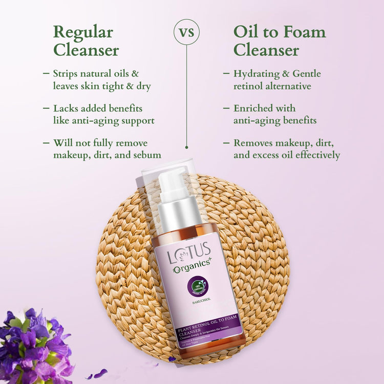 Lotus Organics+ Bakuchiol Plant Retinol Oil to Foam Cleanser | Reduces Fine Lines & Wrinkles | Anti-Ageing | 100% Certified Organic Bakuchiol | All Skin Types | 100ml