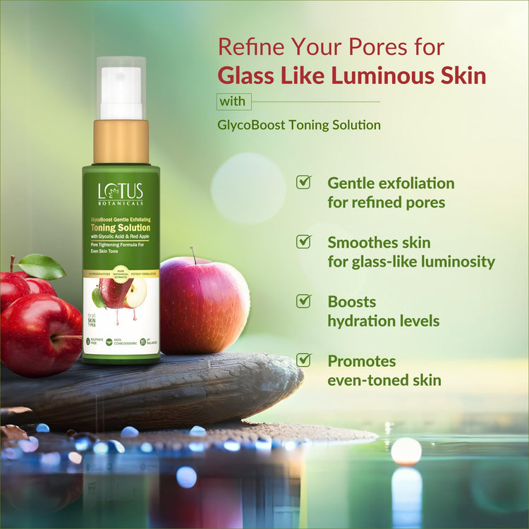 Lotus Botanicals GlycoBoost Gentle Exfoliating Toning Solution 50ml With Glycolic & Red Apple | Pore Tightening Formula for Even Skin Tone