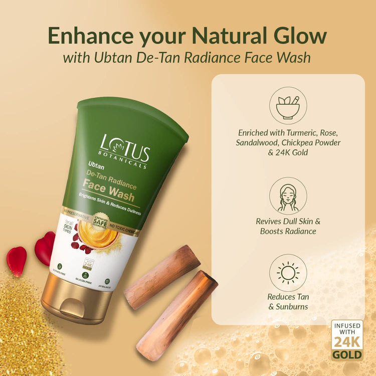 Lotus Botanicals Ubtan De-Tan Radiance Face Wash | Infused with 24K Gold | Bright & Glowing Skin | Removes Tan | No Silicon, No Sulphates, No Parabens, Non-Comedogenic, No Preservatives, No Toxic Chemicals | 100ml