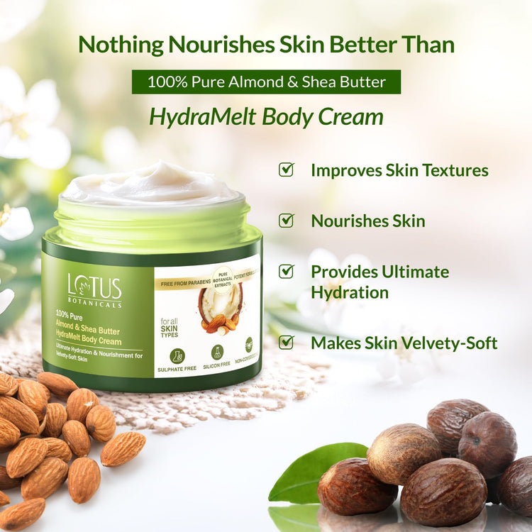 Lotus Botanicals 100% Pure Almond & Shea Butter HydraMelt Body Cream | Deeply moisturizes dry skin Smooth & Nourished Skin Repairs Damaged Skin | No Toxic Chemicals | No Sulphates | No Silicones | No Parabens | Suitable for All Skin Types | 200g