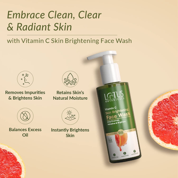 Lotus Botanicals Vitamin C Skin Brightening Face Wash | 100x Vitamin C | Brightens & Deep Cleanses Skin | Removes Dirt and Impurities | Refreshes Skin | Fades Dark Spots | No Toxic Chemicals | All Skin Types | 180ml