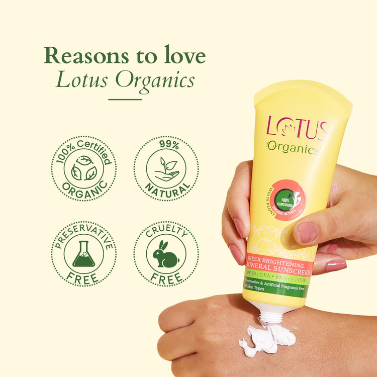 Lotus Organics+ Sheer Brightening Mineral Sunscreen | Non Greasy & Lightweight | SPF 50 | PA+++ | 50g