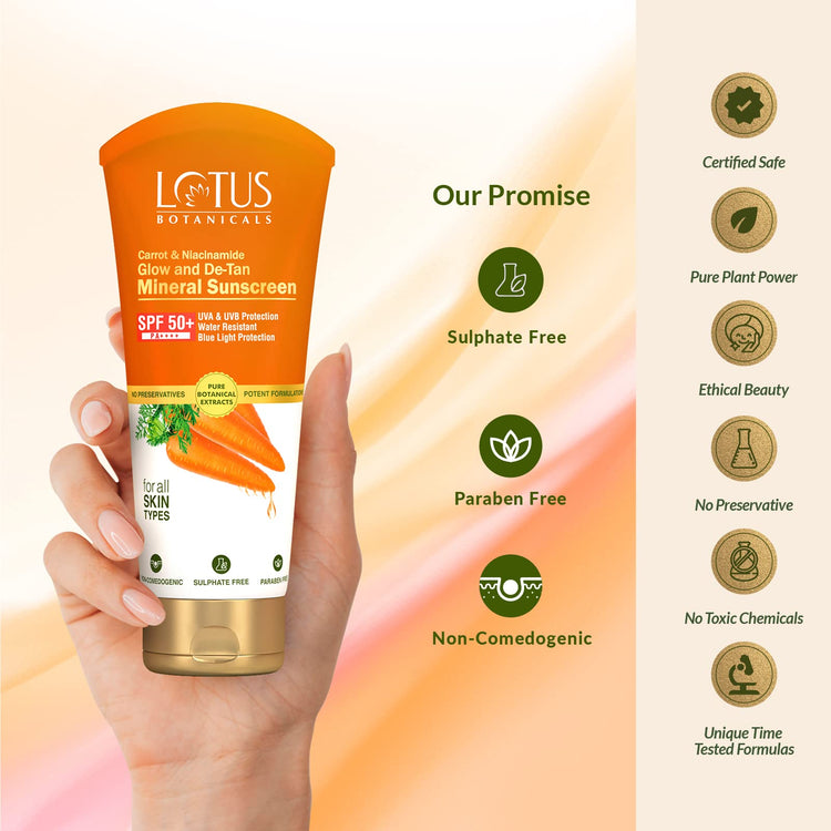 Lotus Botanicals Carrot & Niacinamide Glow and De-Tan Mineral Sunscreen | SPF 50+ | PA++++| Skin Brightening | Natural Ingredients | Blue Light Protection | All Skin Types | 50g