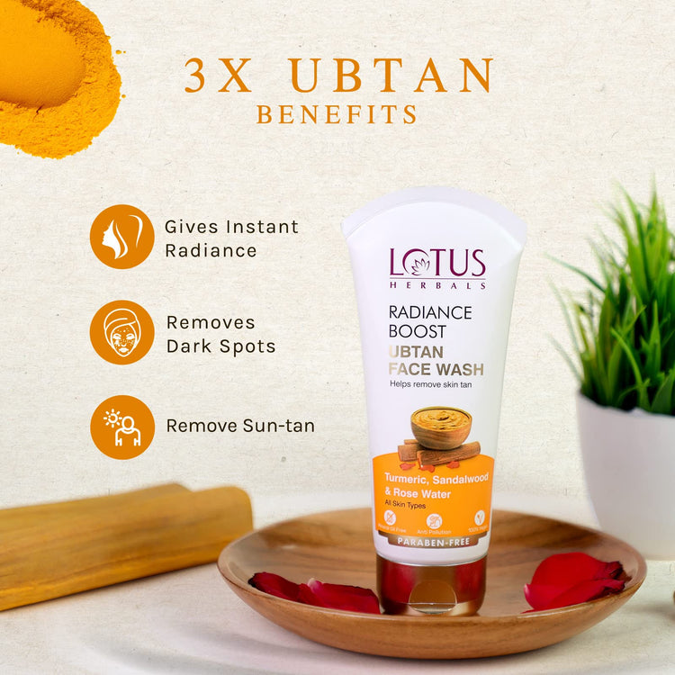 Lotus Herbals Radiance Boost Ubtan Face Wash| Turmeric, Sandalwood and Rose Water |Glowing Skin |Reducing Dark Spots |Paraben free |Mineral Oil Free|100gm (Pack of 3)