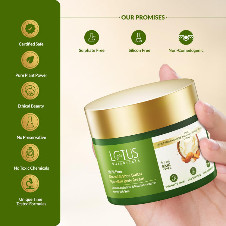 Lotus Botanicals 100% Pure Almond & Shea Butter HydraMelt Body Cream | Deeply moisturizes dry skin Smooth & Nourished Skin Repairs Damaged Skin | No Toxic Chemicals | No Sulphates | No Silicones | No Parabens | Suitable for All Skin Types | 200g
