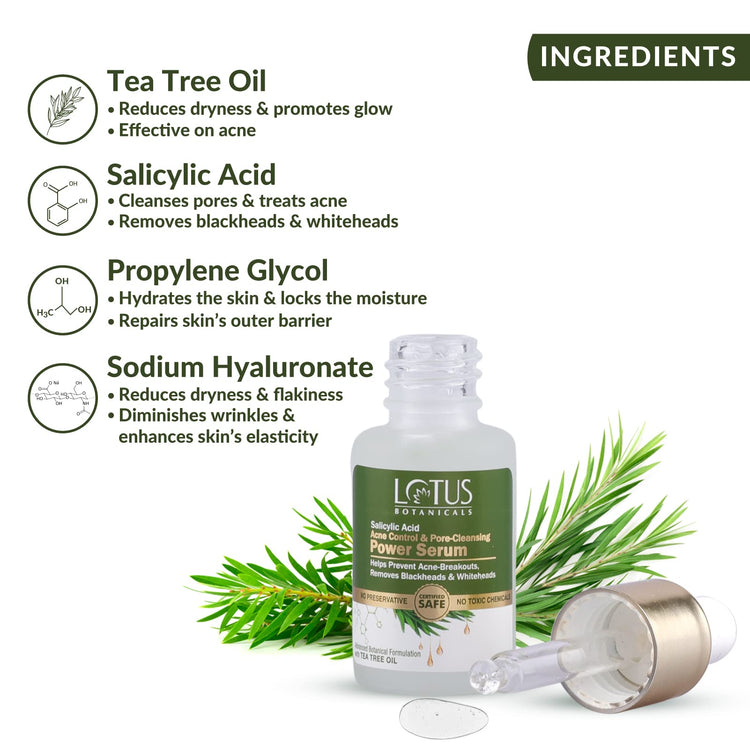 Lotus Botanicals Salicylic Acid & Tea Tree Acne Control & Pore Cleansing Power Serum | All Skin type|Paraben & Sulphate Free| 14ml