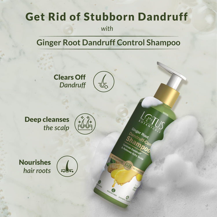 Lotus Botanicals Dandruff-Control Shampoo | Ginger Root, Tea Tree Oil | Anti Dandruff | Silicon, Sulphate & Chemical Free | For All Hair Types | 300ml