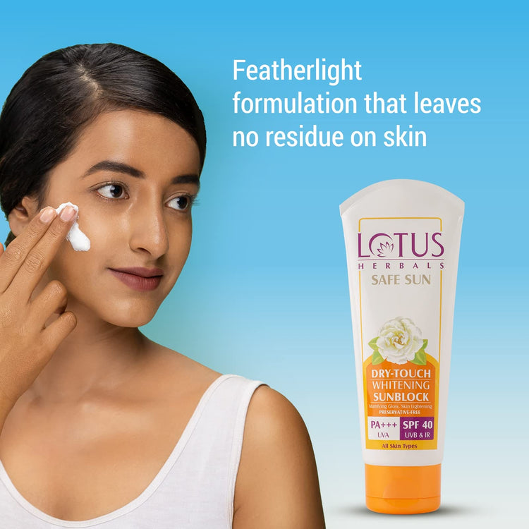 Lotus Herbals Safe Sun Dry-Touch Whitening Sunblock | Matte Texture | SPF 40 | PA+++ | Preservative Free | 100g