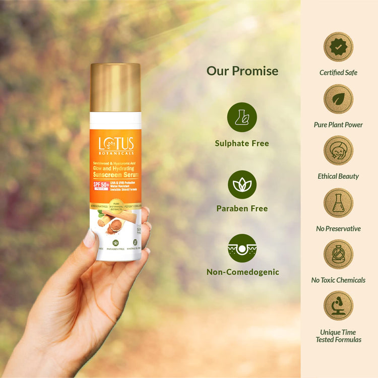 Lotus Botanicals Sandalwood & Hyaluronic Acid Glow and Hydrating Sunscreen Serum | SPF 50+ | PA+++ | Daily Sun Protection | Sandalwood-infused Sunscreen with Hyaluronic Acid I Invisible Shield Formula | Water Resistant | No White Cast | Suitable for All S