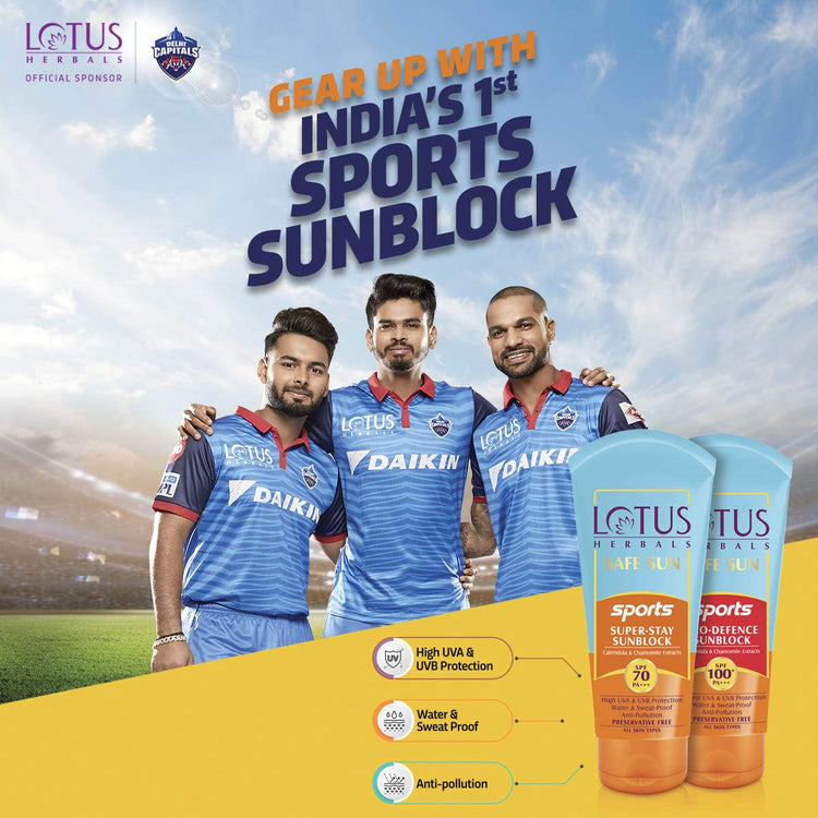 Lotus Herbals Safe Sun Sports Pro-Defence Sunscreen All Skin Cream SPF 100 PA+++, Sweat & Waterproof, Preservatives Free, 80g