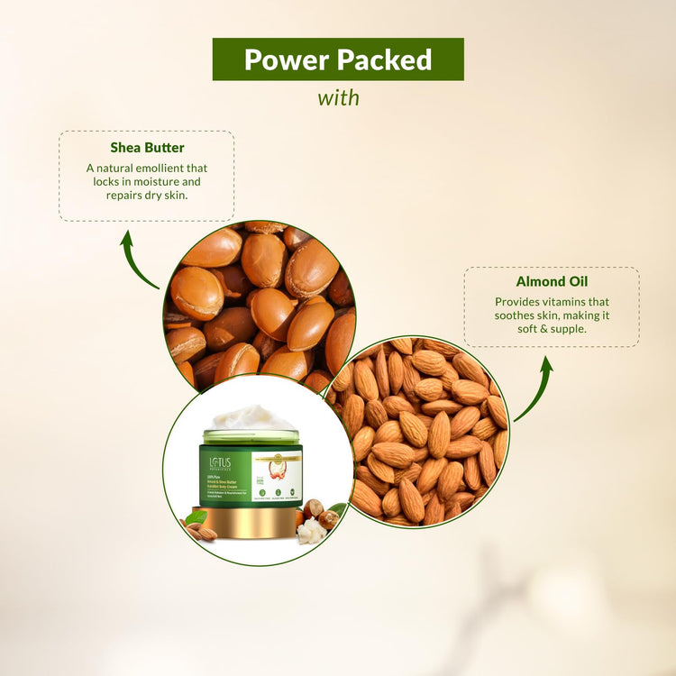 Lotus Botanicals 100% Pure Almond & Shea Butter HydraMelt Body Cream | Deeply moisturizes dry skin Smooth & Nourished Skin Repairs Damaged Skin | No Toxic Chemicals | No Sulphates | No Silicones | No Parabens | Suitable for All Skin Types | 200g