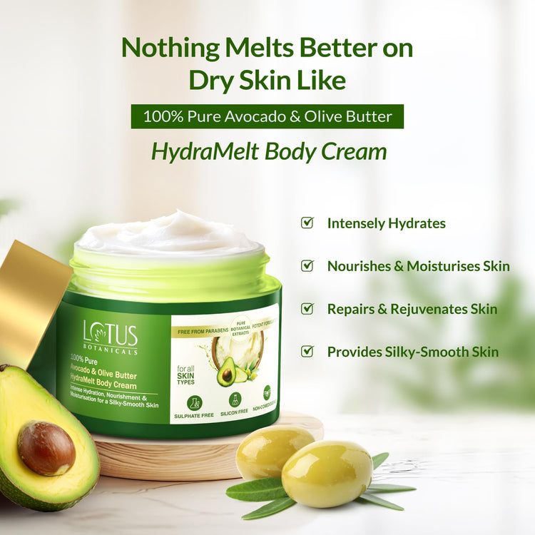 Lotus Botanicals 100% Pure Avocado & Olive Butter HydraMelt Body Cream | Deeply Moisturizes Dry Skin Smooth & Nourished Skin | Repairs Damaged Skin | No Toxic Chemicals | No Sulphates | No Silicones | No Parabens | Suitable for All Skin Types | 200g
