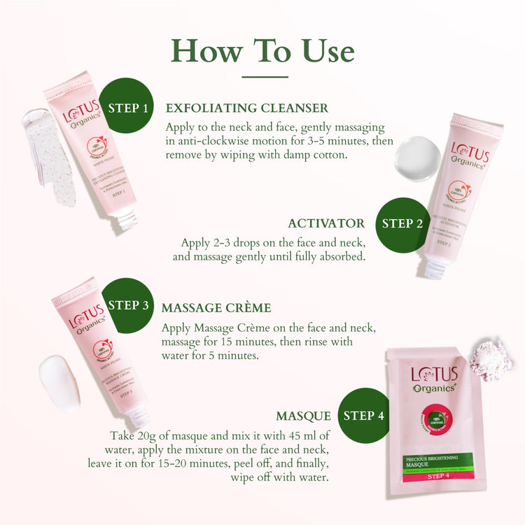 Lotus Organics+ Precious Brightening Facial Kit | With 4 Steps to Bright and Glowing Skin | Made With Organic Ingredients | Facial Kit for Men & Women | Suitable for All Skin Types