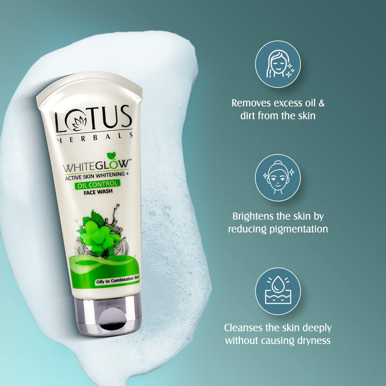 Lotus Herbals Whiteglow Active Skin Whitening & Oil Control Face Wash | With Green Tea Extract | Brightens Skin | For All Skin Types | 100g
