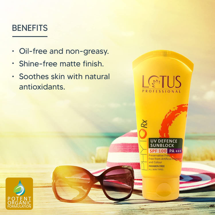 Lotus Professional PHYTORx UV Defence Sunblock Sunscreen SPF 100, PA+++ | Non-sticky | Fragrance Free | Sunscreen for Men & Women | For Damaged skin | For Oily, Dry, Sensitive & Combination Skin | 50g