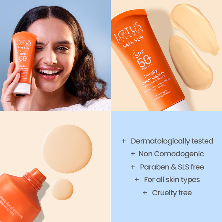 Lotus Herbals SafeSun UltraRx Tinted - S1 Sunscreen SPF 50+ and PA++++ For UV/Blue Filters, Broad Spectrum Protection with Niacinamide and Ceramide, Non Oily, Dermatologically Tested, For Oily, Dry, Combination Skin, 75g