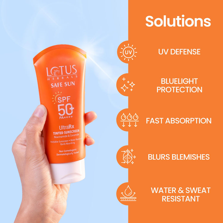 Lotus Herbals SafeSun UltraRx Tinted - S1 Sunscreen SPF 50+ and PA++++ For UV/Blue Filters, Broad Spectrum Protection with Niacinamide and Ceramide, Non Oily, Dermatologically Tested, For Oily, Dry, Combination Skin, 75g