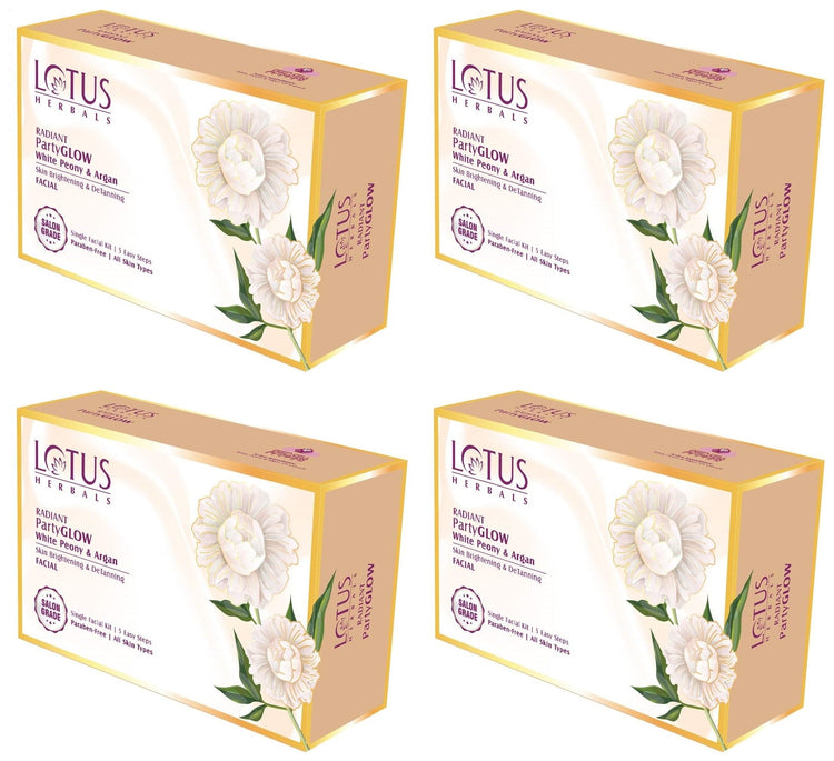 Lotus Herbals Radiant PartyGLOW White Peony & Argan Oil Detanning Facial Kit | 5 Easy Steps | Paraben Free | Salon Grade | All Skin Types | Pack of 4 | 228g