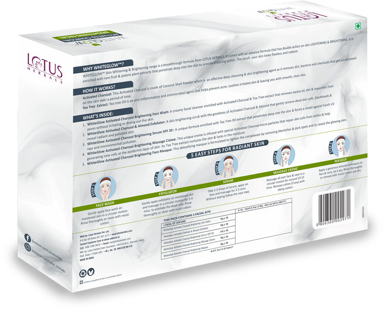 Lotus Herbals WhiteGlow Activated Charcoal Brightening 4 in 1 Facial Kit | Tea Tree | Oil Control & Anti Pollution | Salon Grade | All Skin Types | 188g