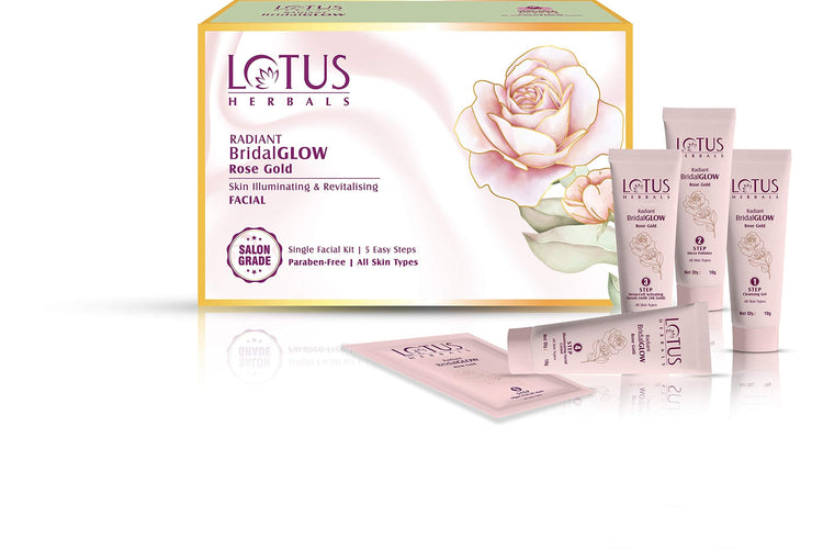 Lotus Herbals Radiant BridalGLOW Rose Gold Skin Illuminating Facial Kit | 5 Easy Steps | Paraben Free | Salon Grade | All Skin Types | Pack of 4 | 228g