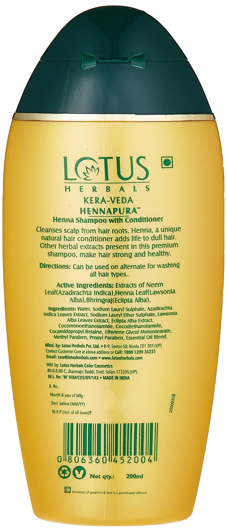 Lotus Herbals Kera-Veda Hennapura Henna Shampoo With Conditioner | With Bhringraj | For All Hair Types | 200ml