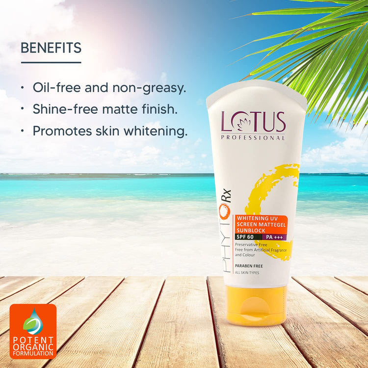 Lotus Professional PHYTORx Whitening UV Screen Mattegel Sun Block SPF 60 PA+++ | Ultra Light | Skin nourishing | Spots & blemishes | 75g