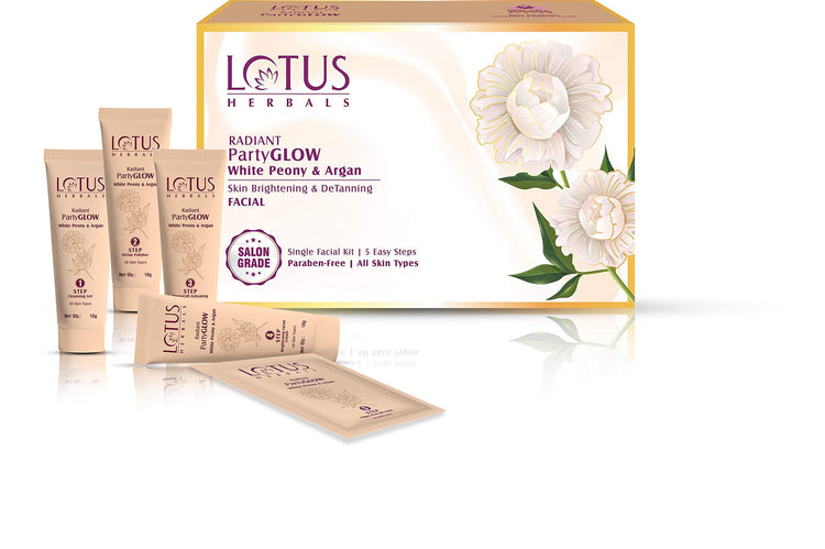 Lotus Herbals Radiant PartyGLOW White Peony & Argan Oil Detanning Facial Kit | 5 Easy Steps | Paraben Free | Salon Grade | All Skin Types | Pack of 4 | 228g