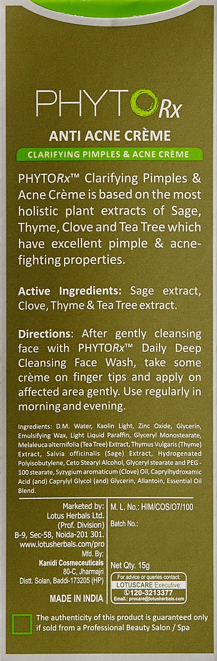 Lotus Professional PhytoRx Clarifying Pimples & Acne Removal Cream | Fast Acne Treatment & Tea Tree Oil Treatment | Acne & Blemish Reduction Cream | Anti-Inflammatory & Spot Corrector | Oil-Free & Paraben-Free, 15gm