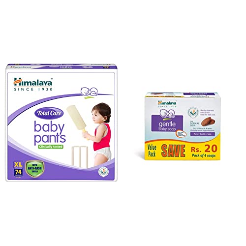 Himalaya Total Care Baby Pants Diapers, Extra Large, 74 Count & Himalaya Gentle Baby Soap Value Pack, 4 * 75g