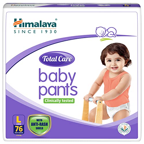 Himalaya Total Care Baby Pants Diapers, Large (L), 76 Count, (9 - 14 kg), With Anti-Rash Shield, Indian Aloe Vera and Yashad Bhasma, Silky Soft Inner Layer