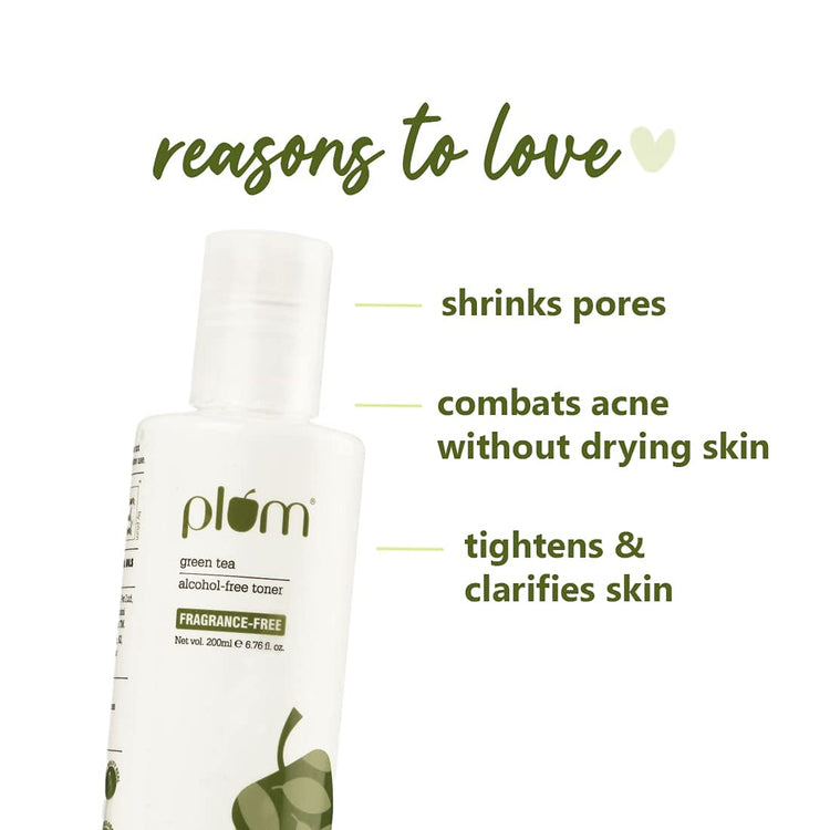 Plum Green Tea Non-Alcoholic Toner, 100% Fragrance Free & Non-Drying Formula, Shrinks Pores & Combats Acne, Vegan, Transparent, 200 ml