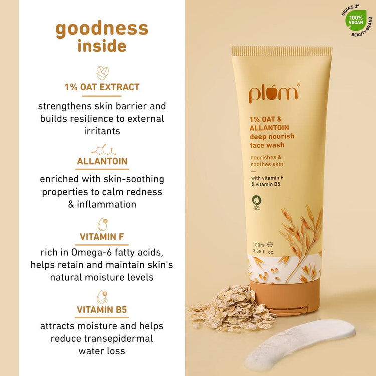 Plum 1% Oat & Allantoin Deep Nourish Face Wash | with Vitamin F & B5 | Nourishes & Soothes Skin | Restores Skin Barrier | Non-drying | 100% Vegan | 100 ml