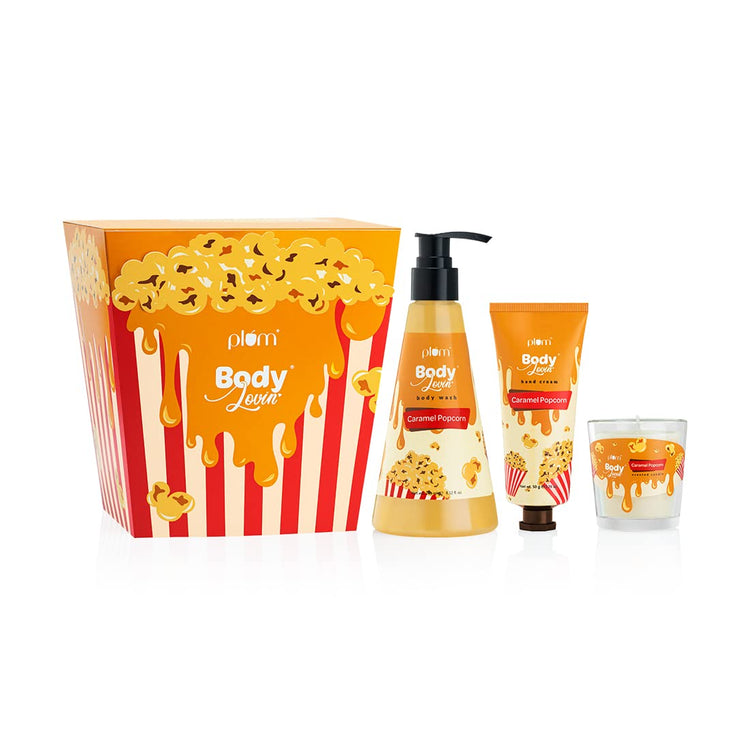Plum BodyLovin' Caramel Popcorn & Chill Gift Kit | Body Wash | Hand Cream | Scented Candle | Gift Set | Valentine's Day Gift