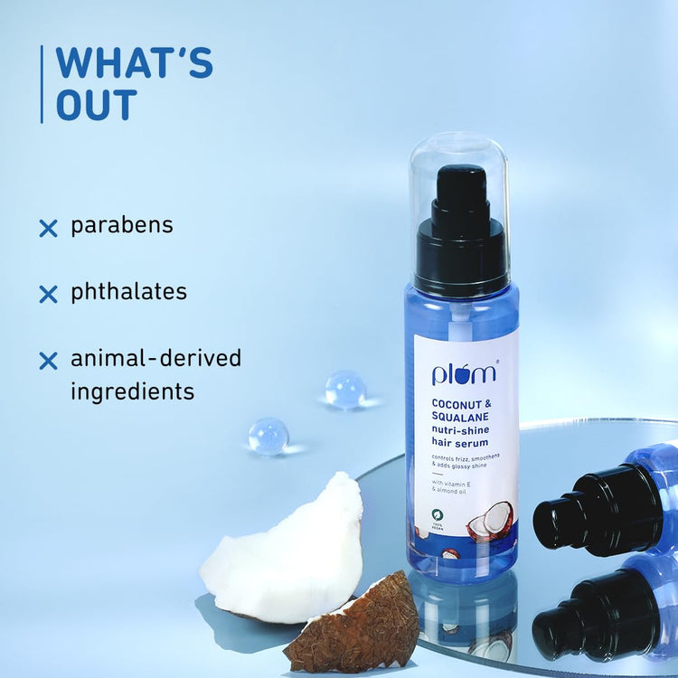 Plum Coconut & Squalane Nutri-Shine Hair Serum | Contains coconut oil, squalane, almond oil | smoothens and adds glossy shine | Paraben-Free | 100% vegan, 75ml