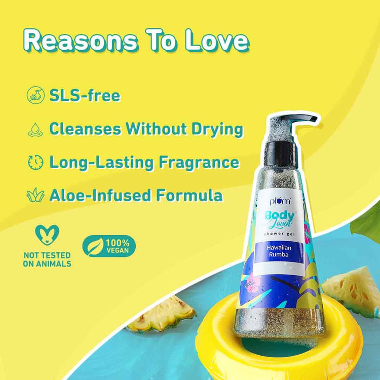 Plum BodyLovin' Hawaiian Rumba Shower Gel | Sulphate-free Bodywash for all-skin types | Fresh Aqua Fragrance for Soft Skin | Nourishing Body Cleanser for long lasting freshness | 240 ml