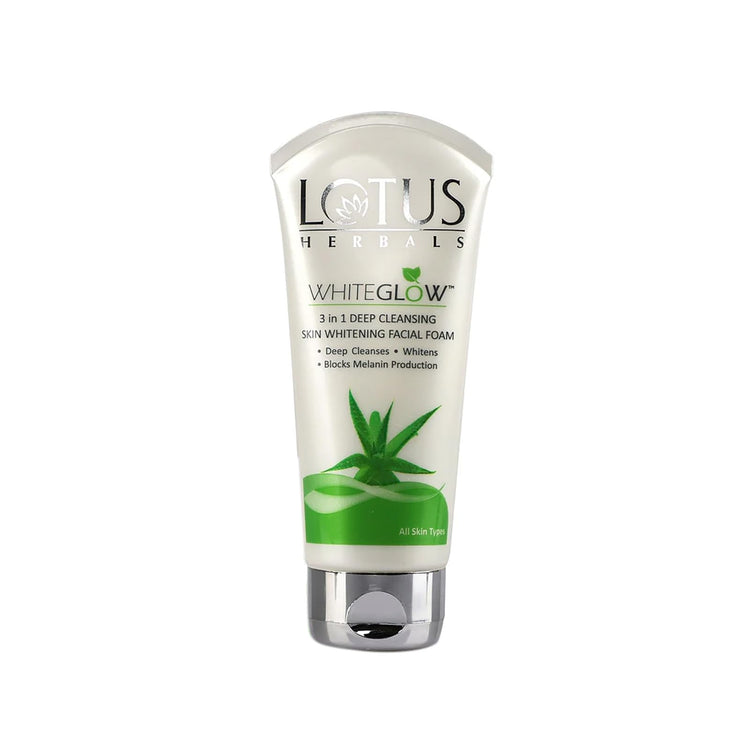 Lotus Herbals Whiteglow 3 In 1 Deep Cleaning Skin Whitening Facial Foam | Chemical Free | With Milk Enzymes & Aloe Vera Gel | For All Skin Types | 50g