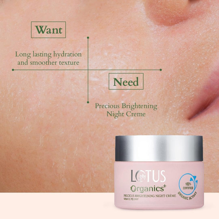 Lotus Organics+ Precious Brightening Night Cream | For Dark Spots, Blemishes & Pigmentation | Night Moisturiser | 100% Certified Organic White Peony | Sulphate & Paraben Free | All Skin Types | 50g