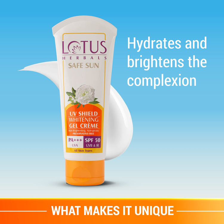 Lotus Herbals UV SHIELD WHITENING GEL Creme - UVA, UVB & IR Protection, Skin Brightening, Preservatives Free, No White Cast, Non-Oily SPF 50 PA +++ Cream Sunscreen, 50g