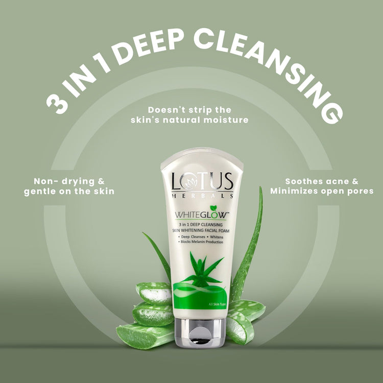 Lotus Herbals Whiteglow 3 In 1 Deep Cleaning Skin Whitening Facial Foam | Chemical Free | With Milk Enzymes & Aloe Vera Gel | For All Skin Types | 50g