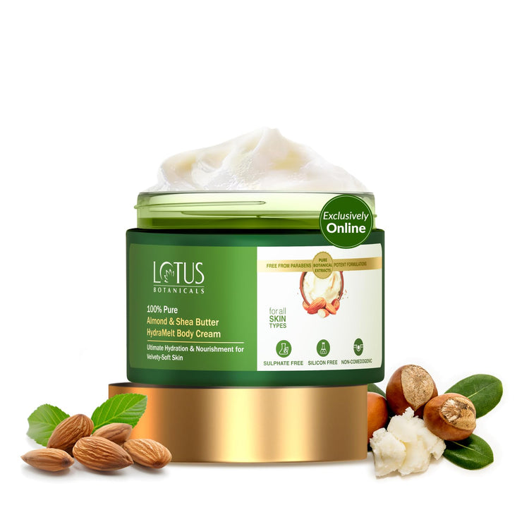 Lotus Botanicals 100% Pure Almond & Shea Butter HydraMelt Body Cream | Deeply moisturizes dry skin Smooth & Nourished Skin Repairs Damaged Skin | No Toxic Chemicals | No Sulphates | No Silicones | No Parabens | Suitable for All Skin Types | 200g