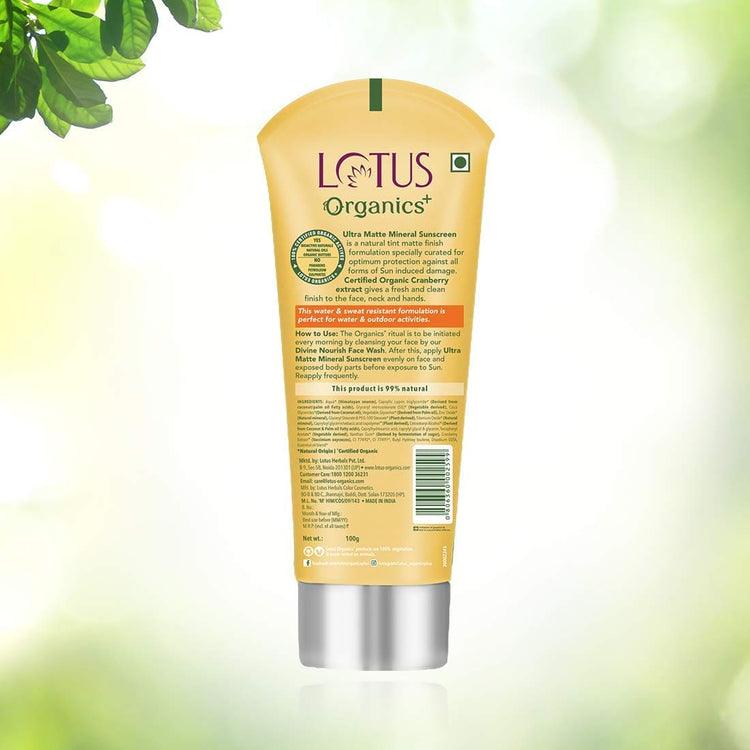 Lotus Organics+ Ultra Matte Tinted Face Sunscreen Cream, SPF 40 PA+++ | Natural, Mineral Based, Chemical Free | Matte Finish | Sun Protection | 100% Certified Organic | Water & Sweat Resistant | 100g