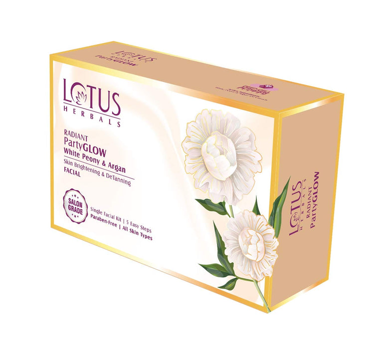 Lotus Herbals Radiant PartyGLOW White Peony & Argan Oil Detanning Facial Kit | 5 Easy Steps | Paraben Free | Salon Grade | All Skin Types | Pack of 4 | 228g