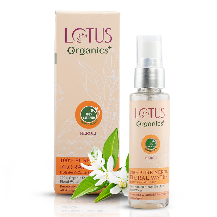 Lotus Organics+ 100% Pure Neroli Floral Water | For Sunburn Irritation & Rashes| No Preservatives & Artificial Fragrance | 100% Certified Organic Actives | All Skin Types | 50ml
