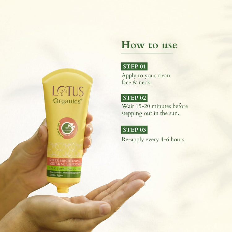 Lotus Organics+ Sheer Brightening Mineral Sunscreen | Non Greasy & Lightweight | SPF 50 | PA+++ | 100% Certified Organic White Peony | Fights Tanning & Pigmentation | All Skin Types | 100g