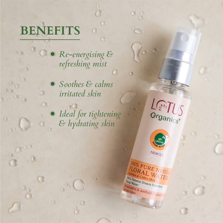 Lotus Organics+ 100% Pure Neroli Floral Water | For Sunburn Irritation & Rashes| No Preservatives & Artificial Fragrance | 100% Certified Organic Actives | All Skin Types | 50ml
