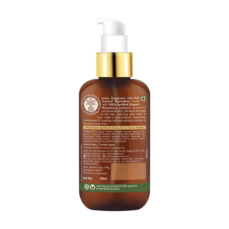 Lotus Organics+ Hair Fall Control Revitalizer | 100% Certified Organic Rosemary & Red Onion | Reduces Split Ends & Frizz | Strengthens & Adds Shine | Sulphate & Paraben Free | All Hair Types | 100ml