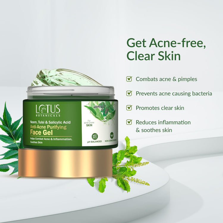 Lotus Botanicals Neem, Tulsi & Salicylic Acid Anti-Acne Purifying Face Gel | Helps Prevent Acne & Pimples | Helps Reduce Skin Redness & Inflammation | No Parabens | Suitable for Acne Prone Skin | 50g
